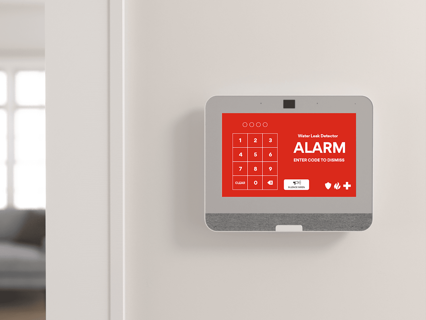 Control panel displaying a water leak detection notification 