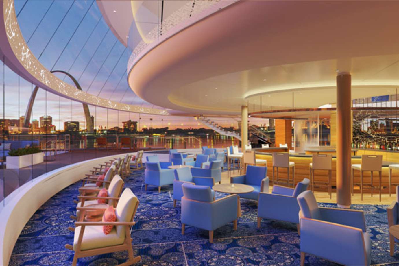 explorer lounge on viking mississippi with st louis arch in the background