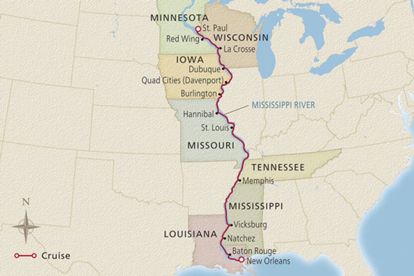 map of viking mississippi river cruise ports