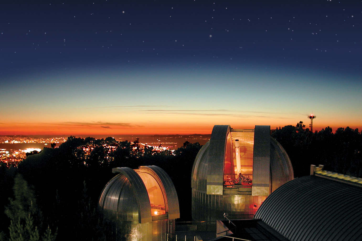 The sky darkens over the Chabot Space Center in Oakland, California.