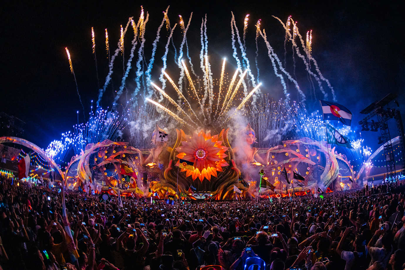 A large crowd watched pyrotechnics at Electric Daisy Carnival in Las Vegas, Nevada.