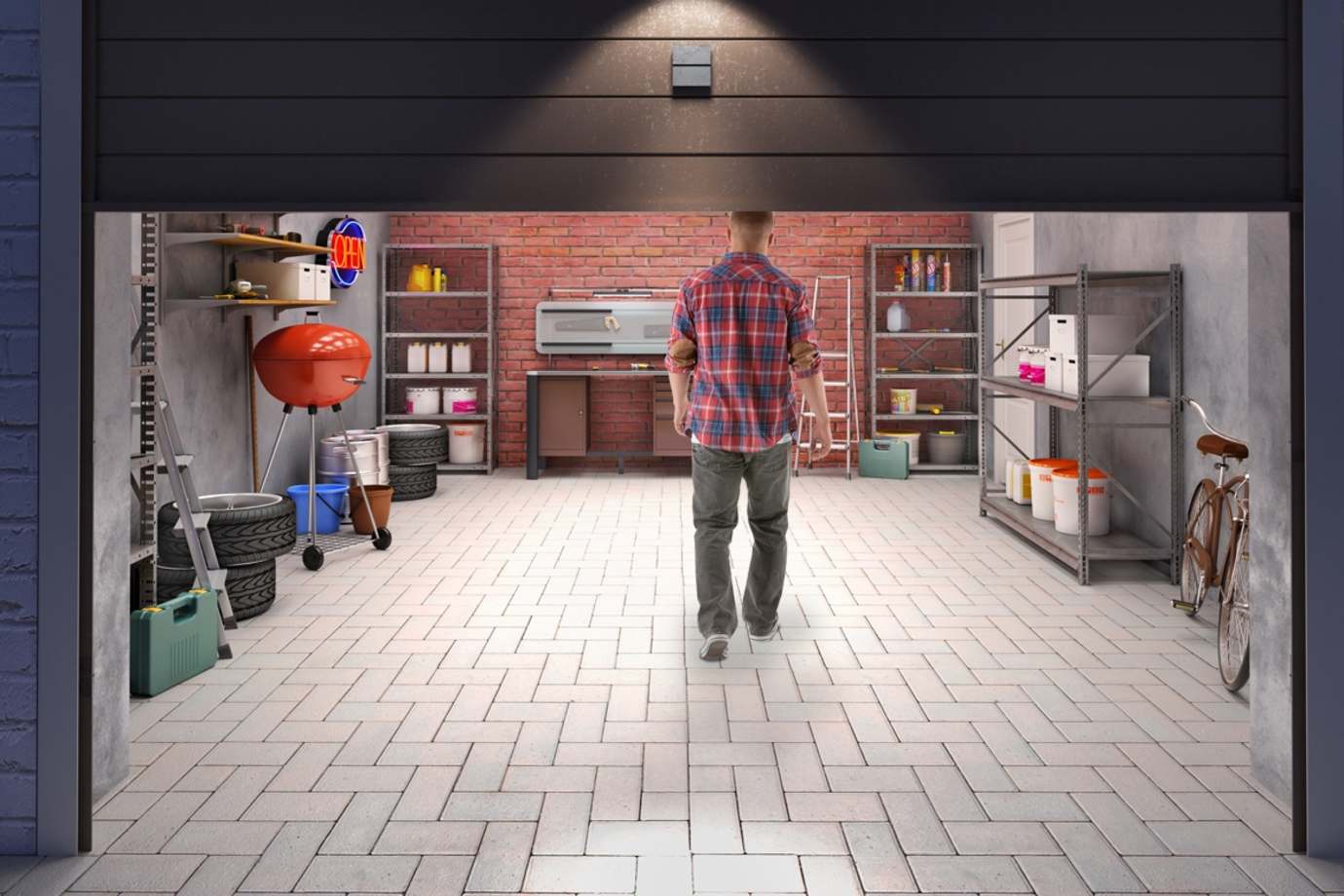 Man walking into garage