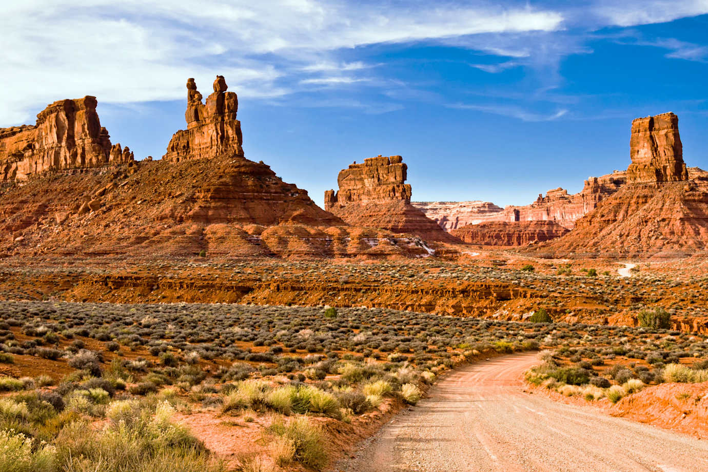 A dirt road through Valley of the Gods in Utah.