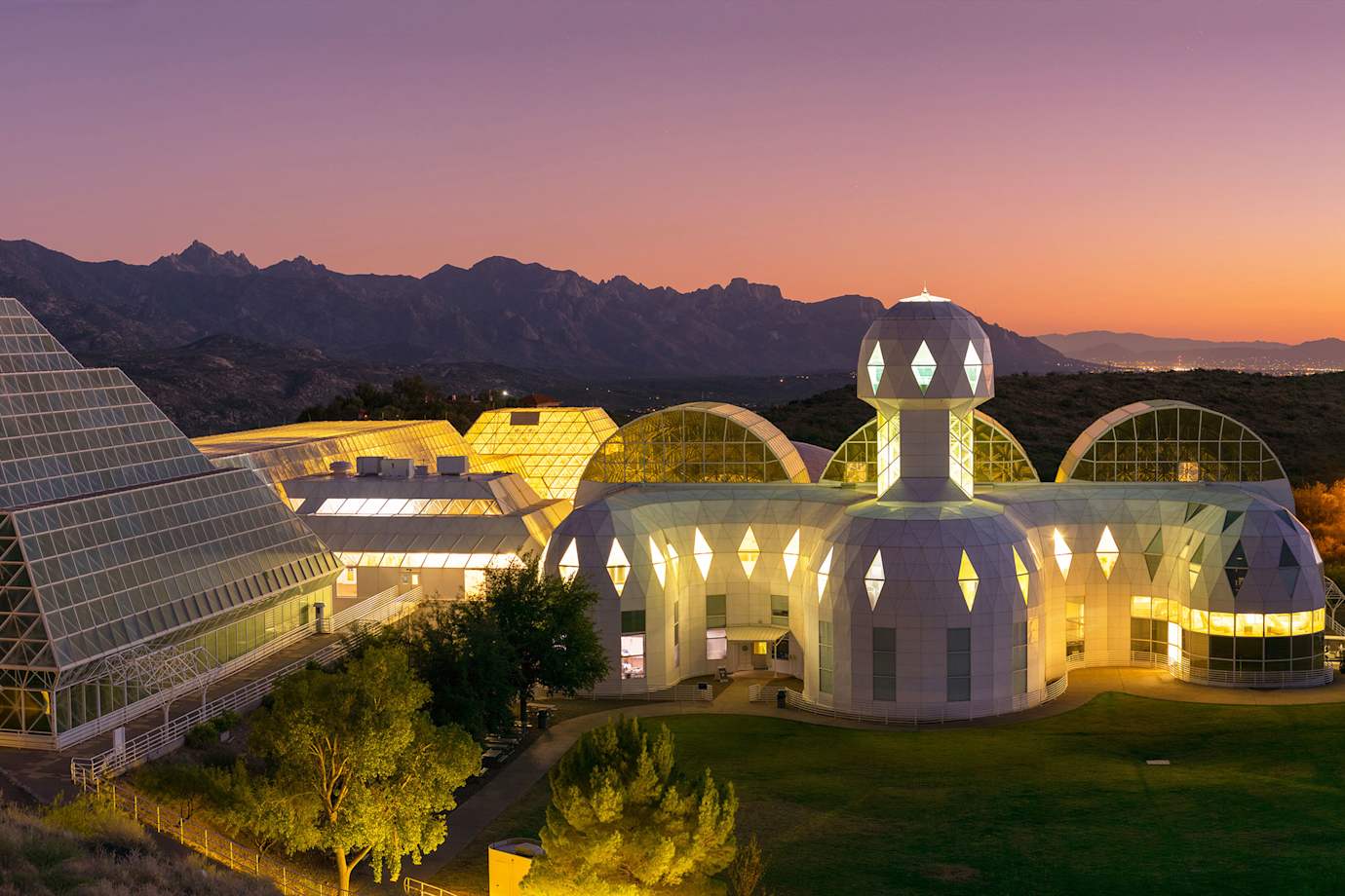 Biosphere 2 at sunset in Oracle, Arizona