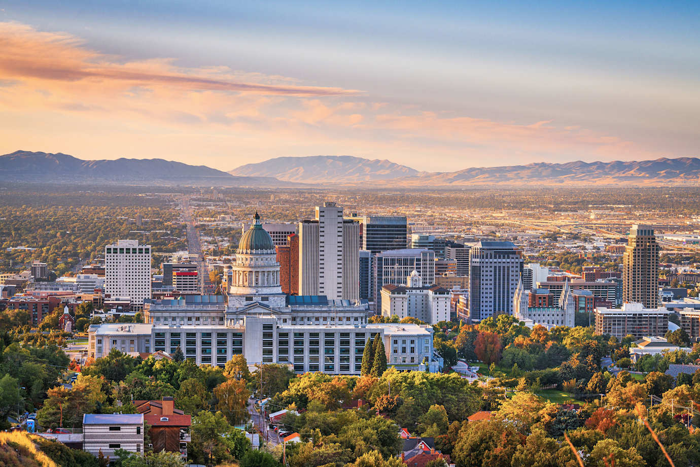 Downtown Salt Lake City, Utah, skyline at dusk.
