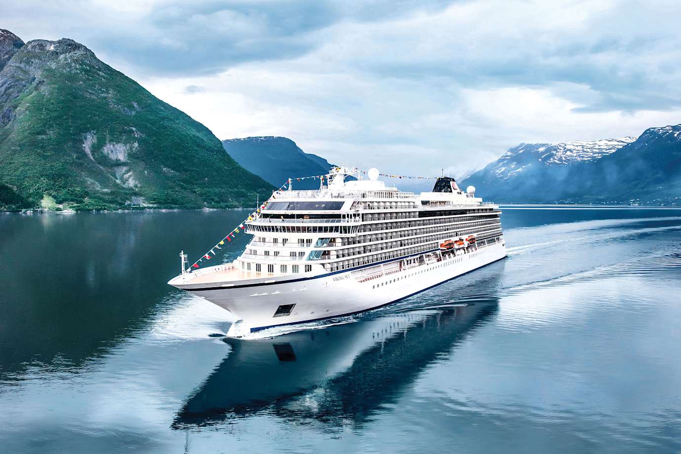 A Viking cruise ship at sea near Norway.