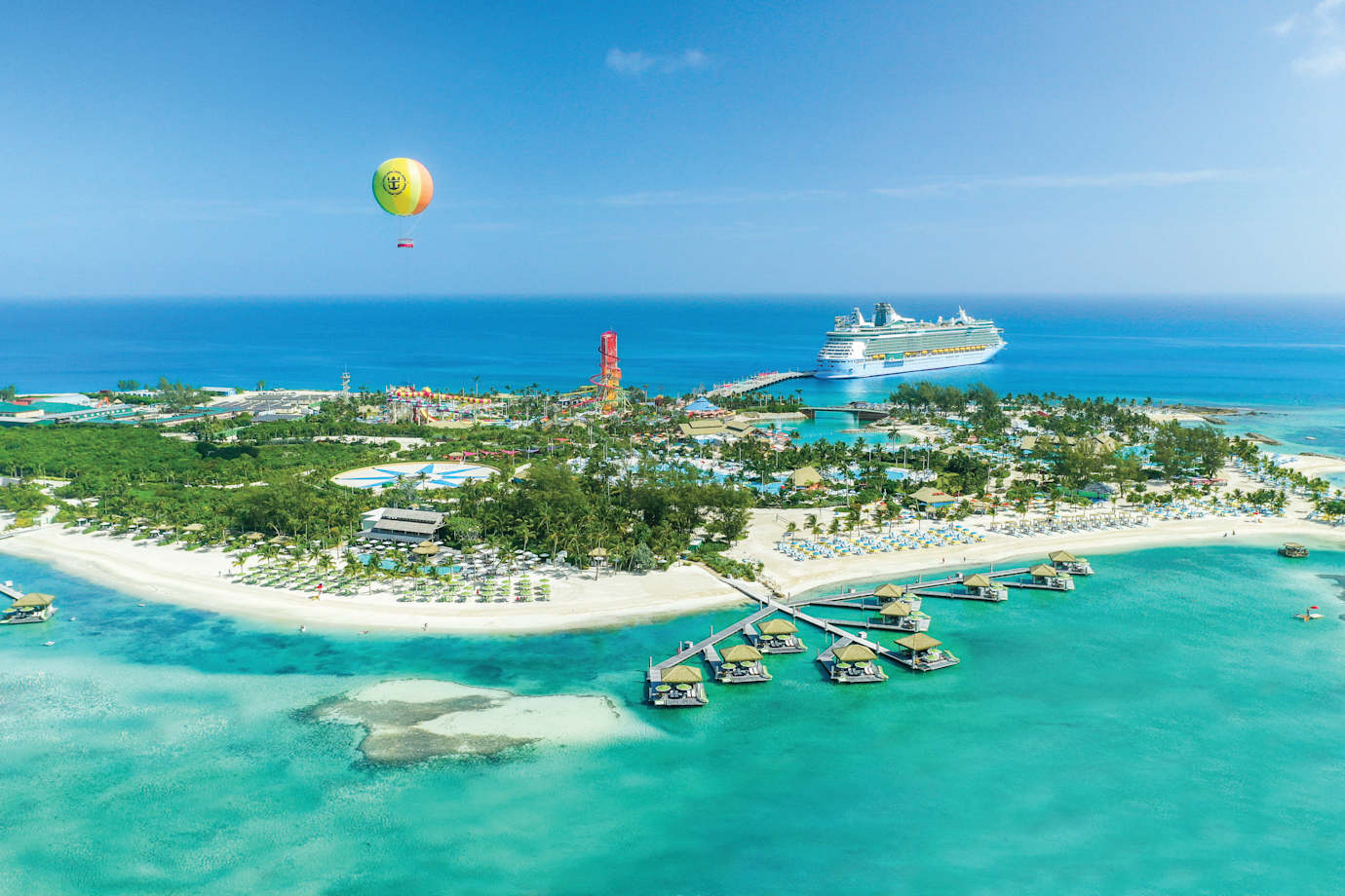 royal caribbean ship docked at perfect day at cococay in the bahamas