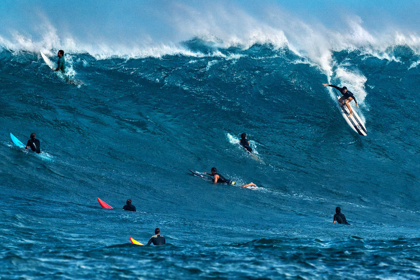 A surfer catches a big wave