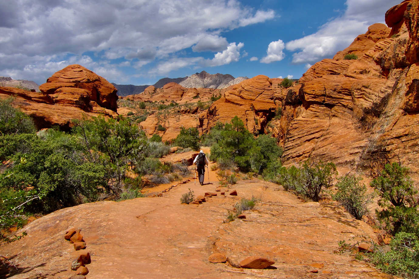 A hiker approaches unique orange-hued hills in the desert.
