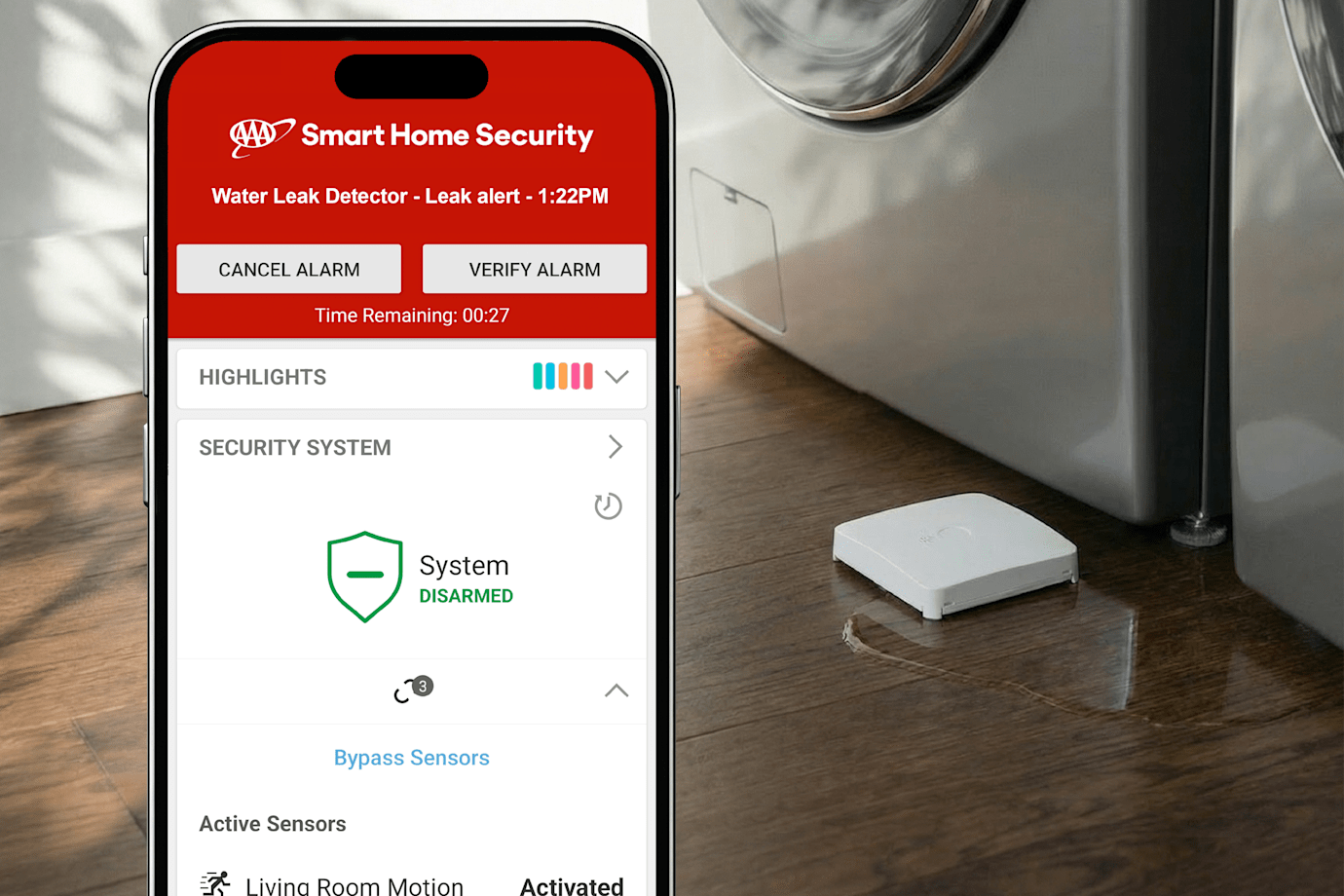 Smart Leak and Freeze Detector actively monitoring a water leak in the laundry room 