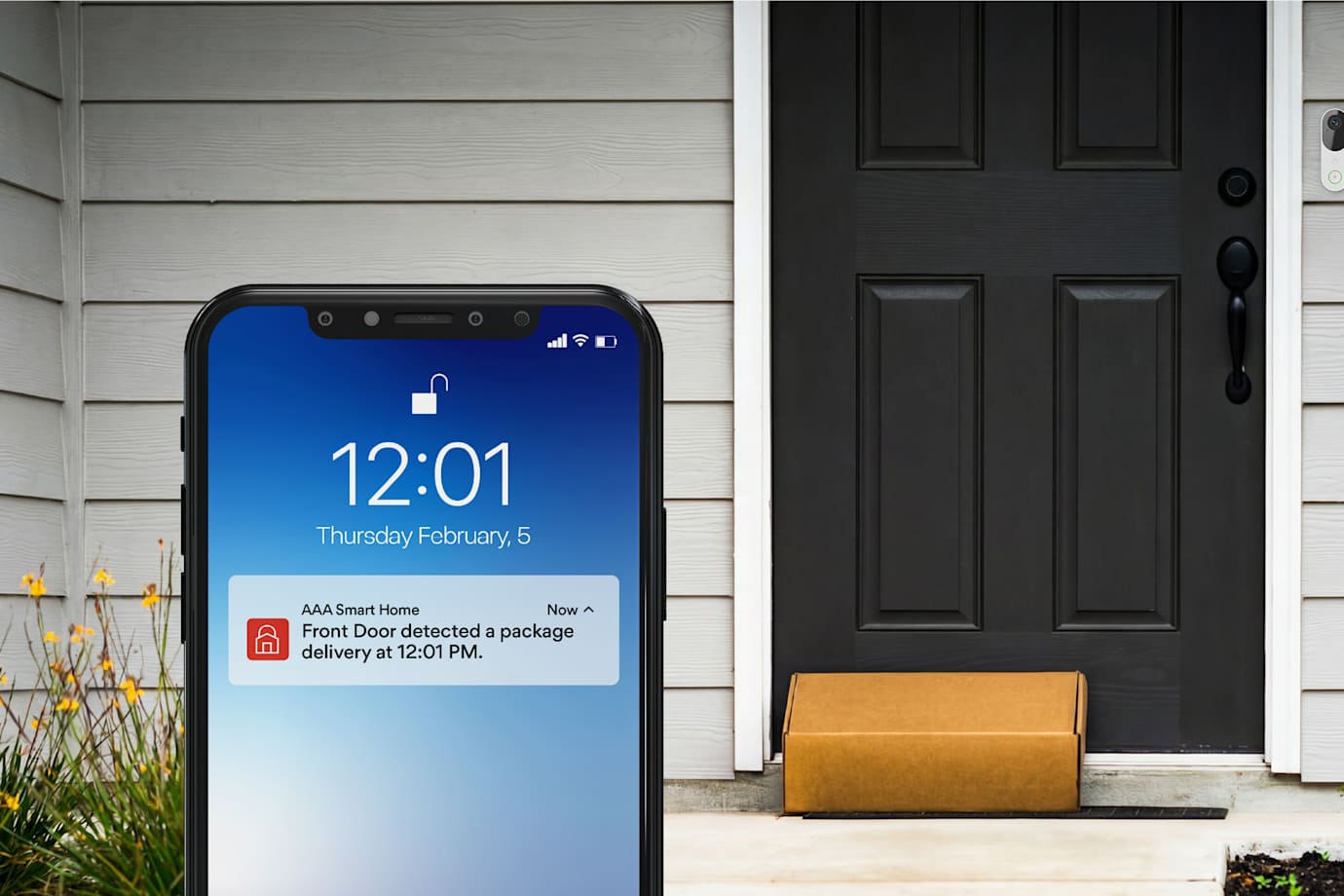 Person at front door on phone