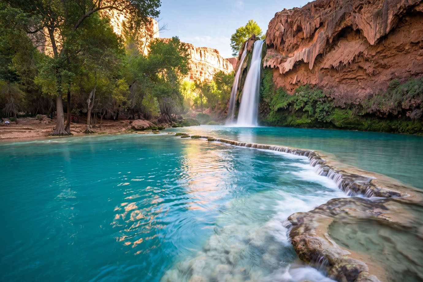 Turquoise water beneath Havasu Falls in Arizona surrounded by red rock and greenery.