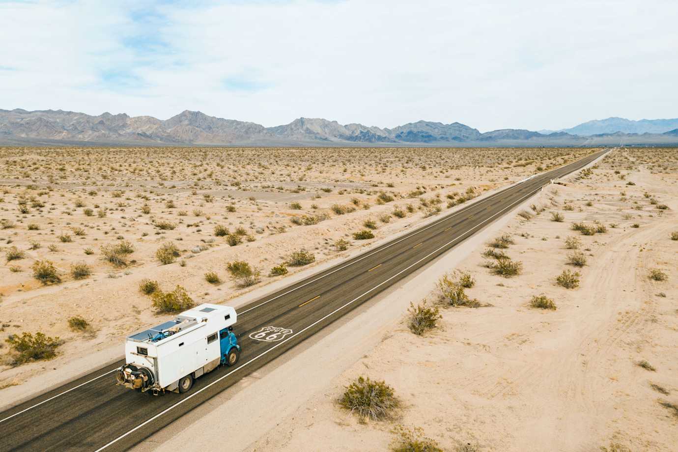Camping truck on route 66 in the Mojave Desert in California.