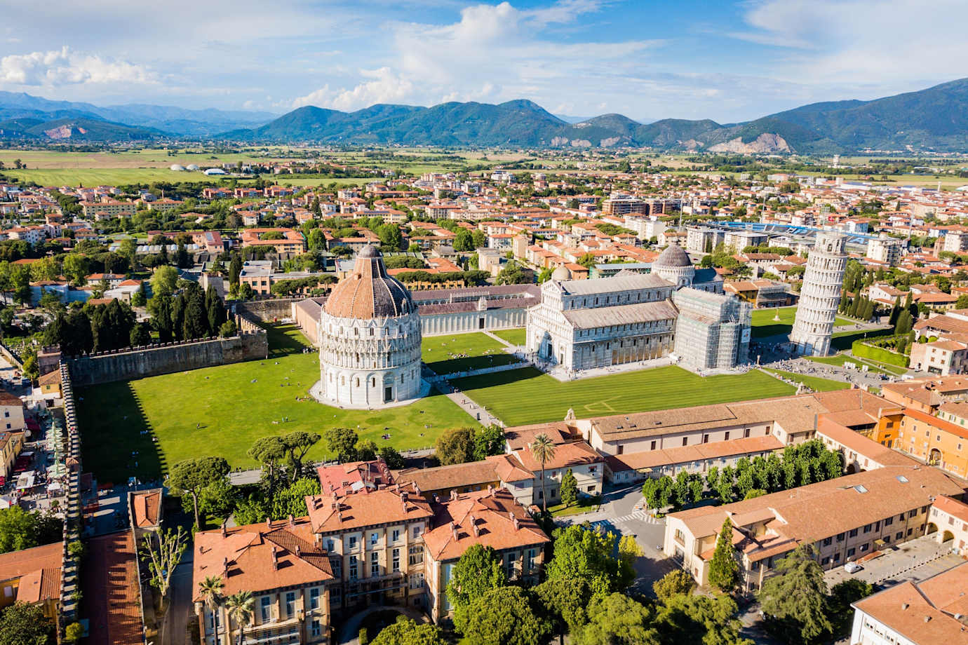 aerial view of pisa and the famous leaning tower