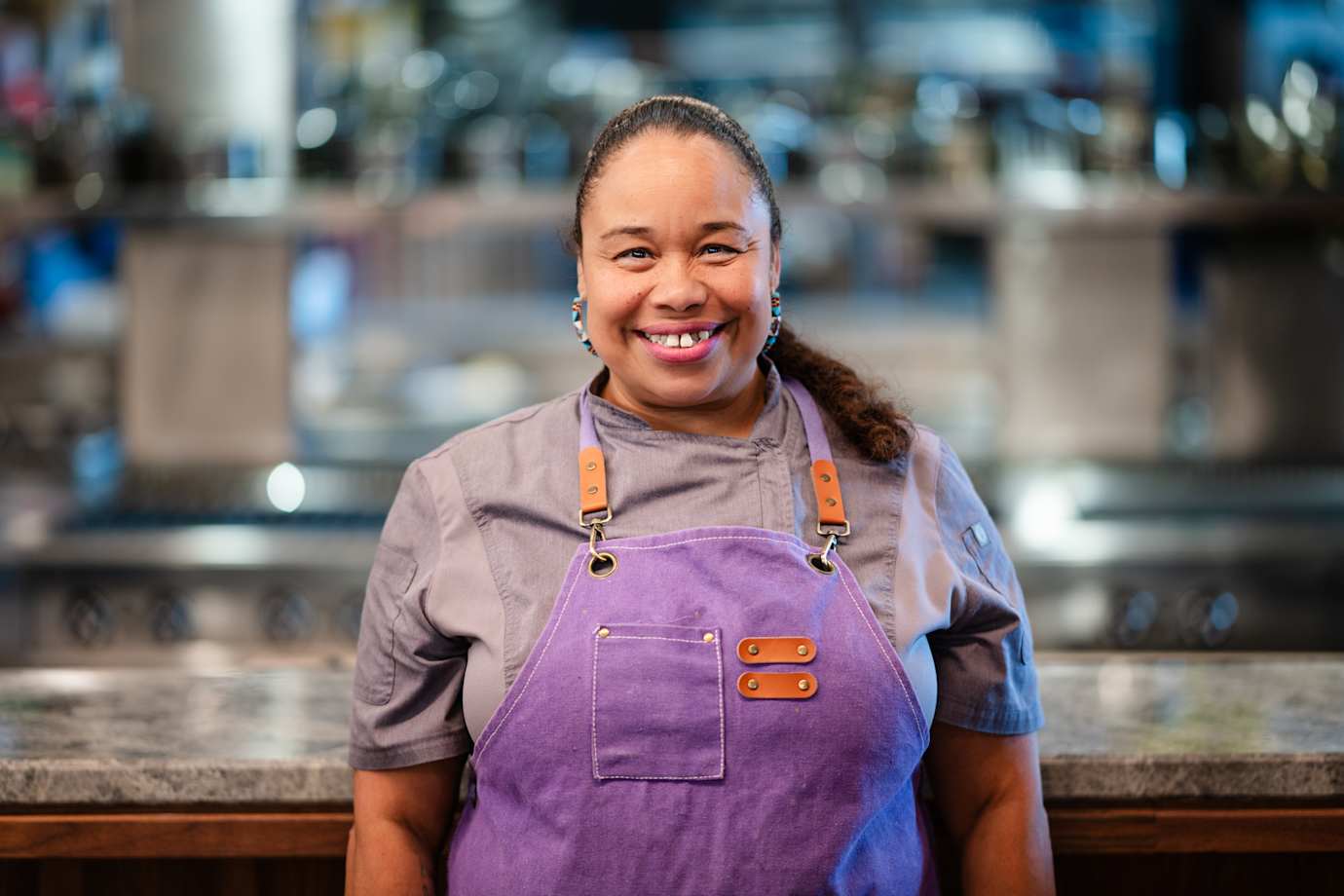 Via Podcast guest Chef Crystal Wahpepah in restaurant, Wahpepah’s Kitchen in Oakland, California