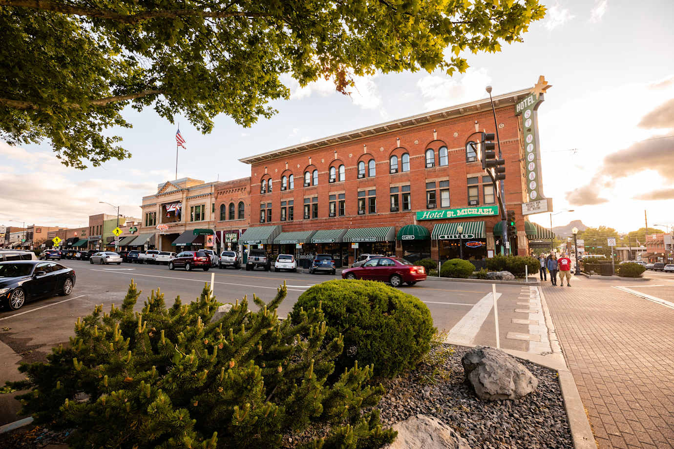 People walk along Whiskey Row in Prescott, Arizona.