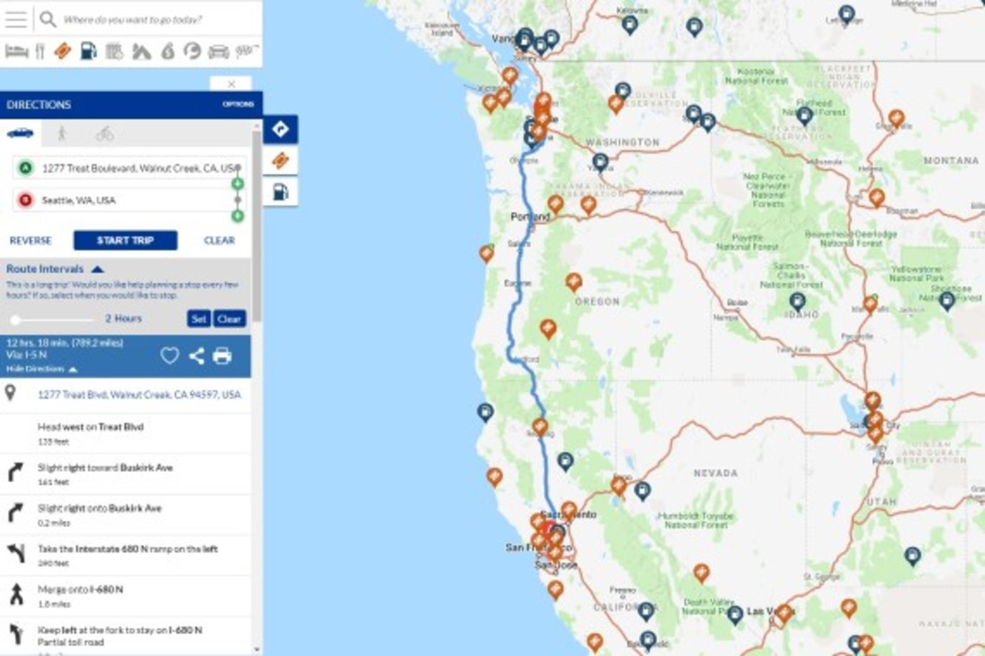 Example of a map in AAA TripTiks Travel Planner