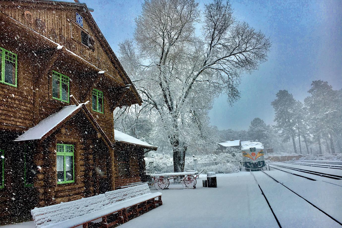 Grand Canyon Railway train station on a snowy winter day at Grand Canyon Village, Arizona.