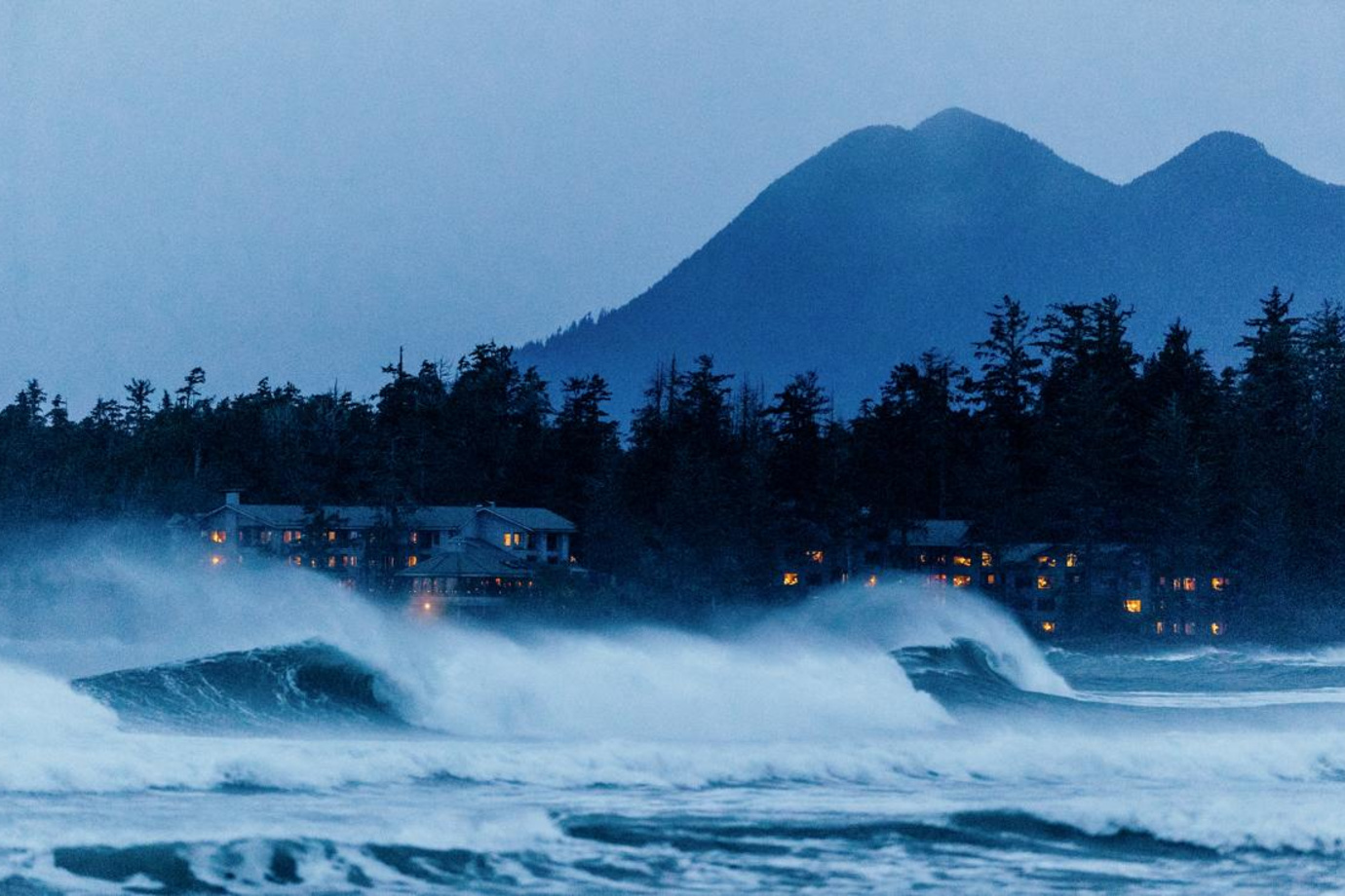 waves crash outside British Columbia's Wickaninnish Inn.