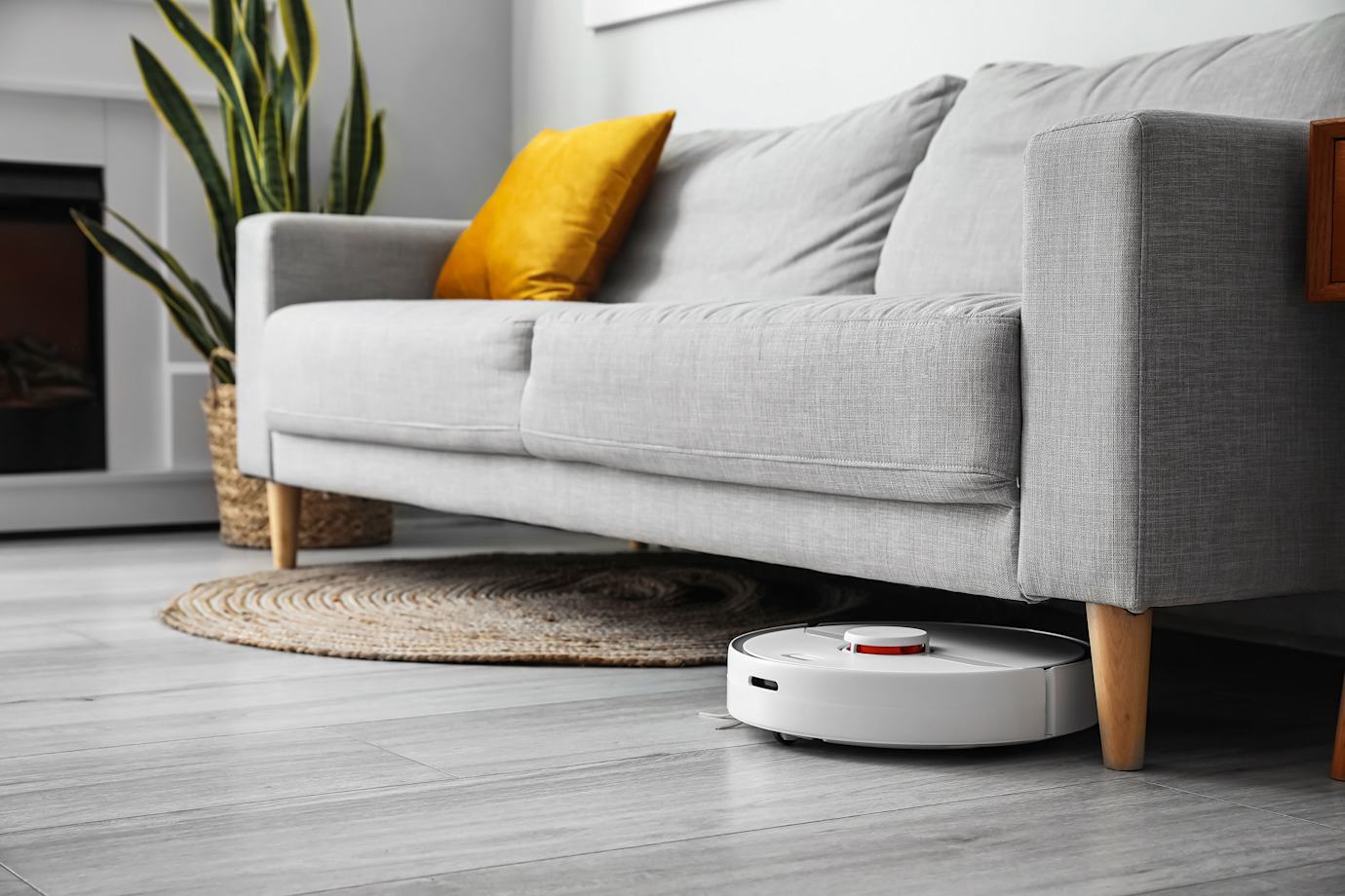 A smart robot vacuum cleans under a gray couch.