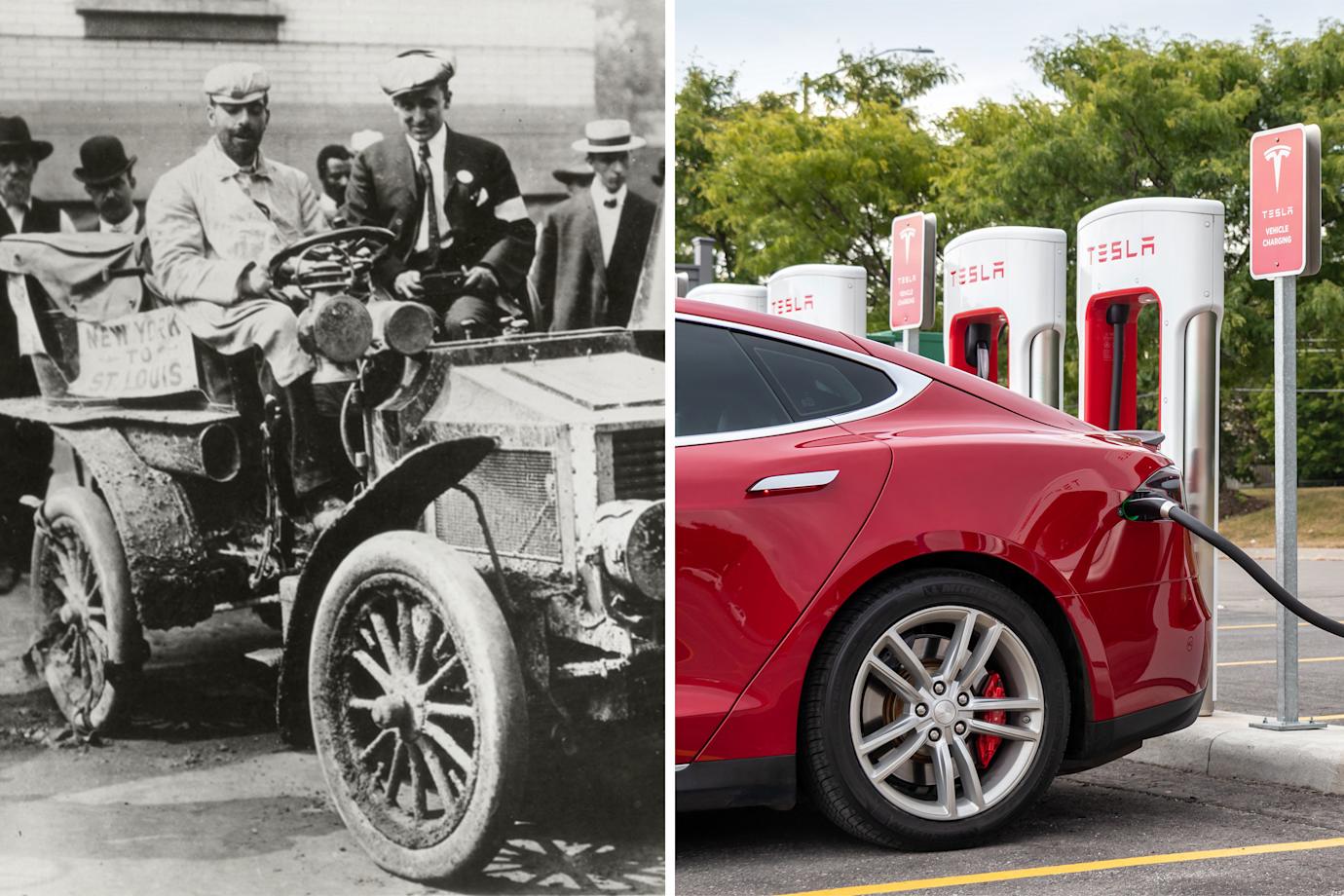 Historic image of August Post in an old car on the left and a Tesla EV charging on the right.