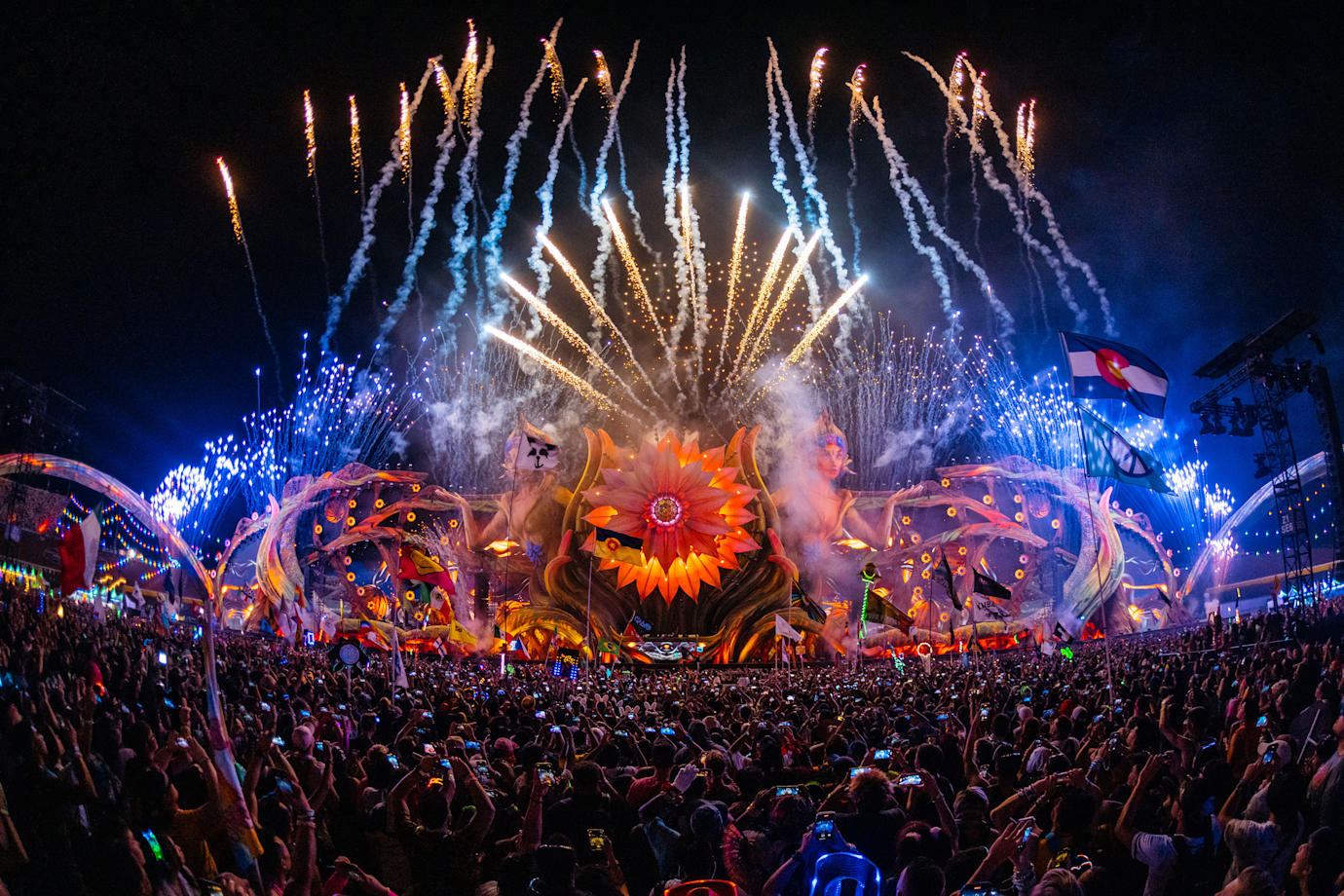 A large crowd watched pyrotechnics at Electric Daisy Carnival in Las Vegas, Nevada.