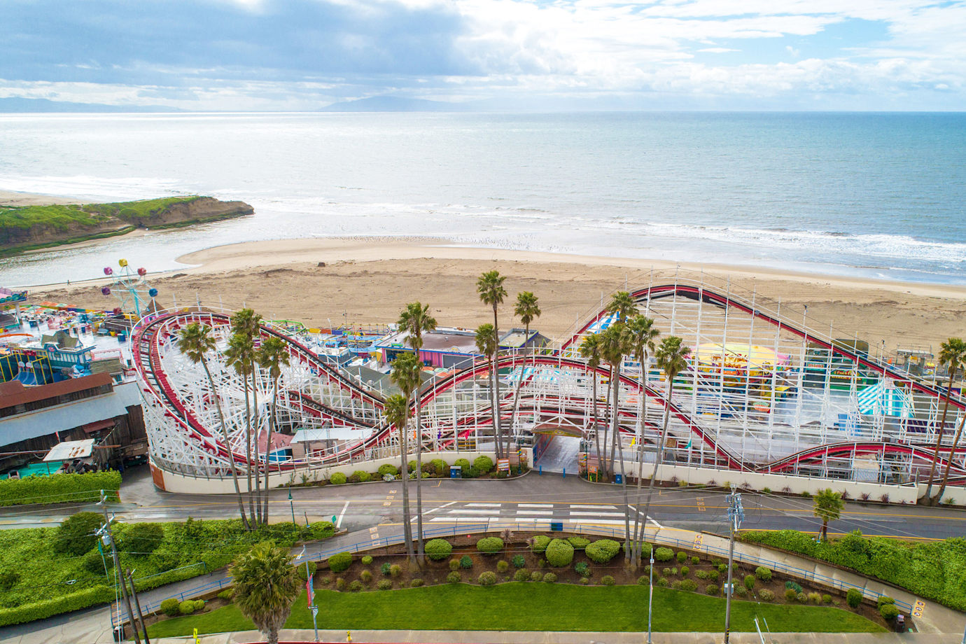 Aerial view of the Giant Dipper coaster at the Santa Cruz Beach Boardwalk in California.