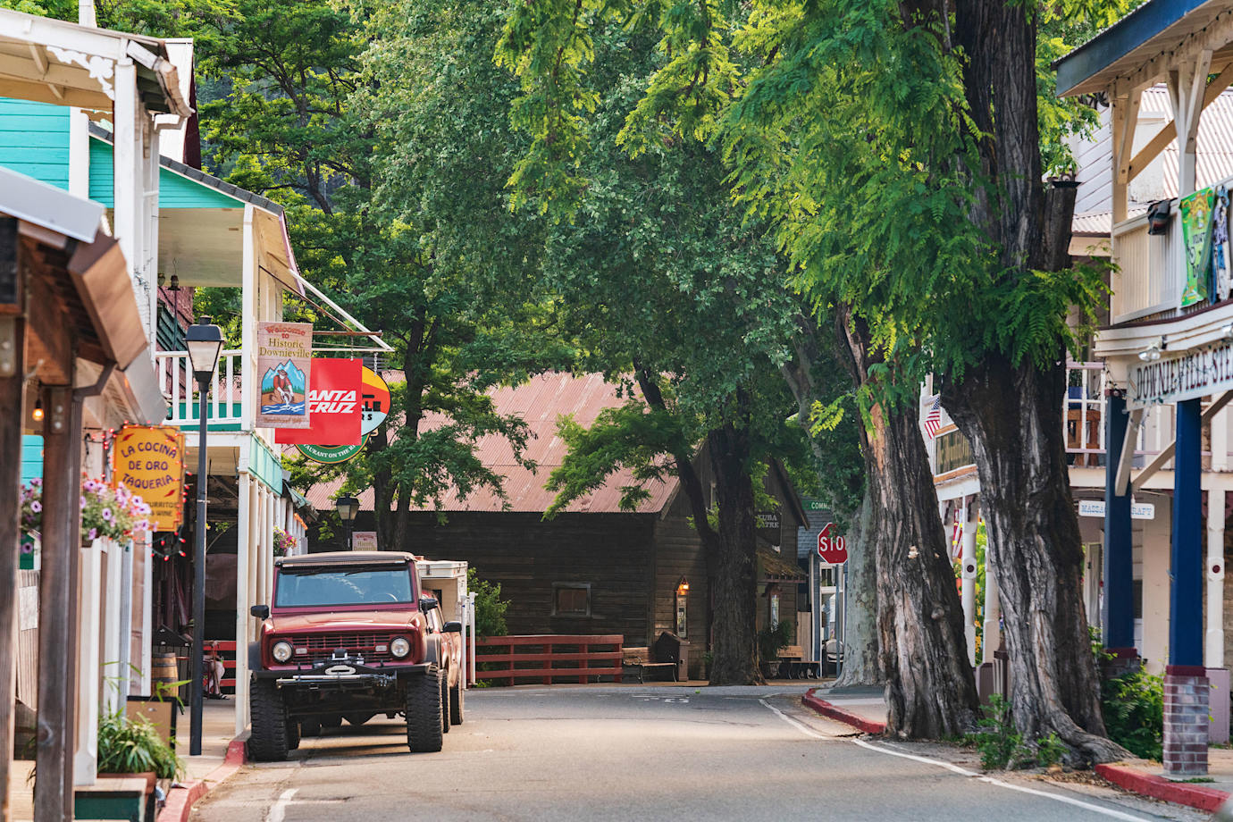 Downieville's historic buildings line a street through the core of the town.