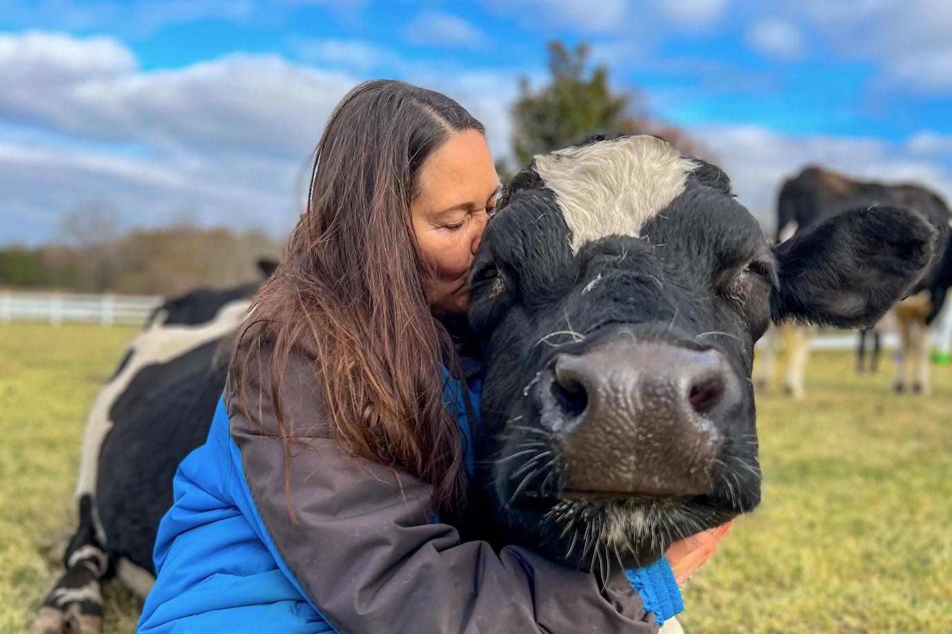 Gentle Barn Founder, Ellie, with cow, Maybelle, at the sanctuary in California.