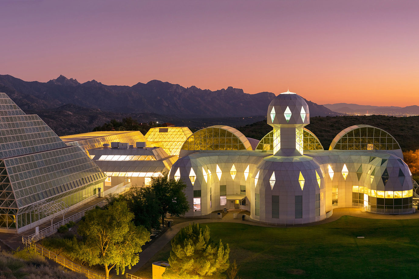 Biosphere 2 at sunset in Oracle, Arizona