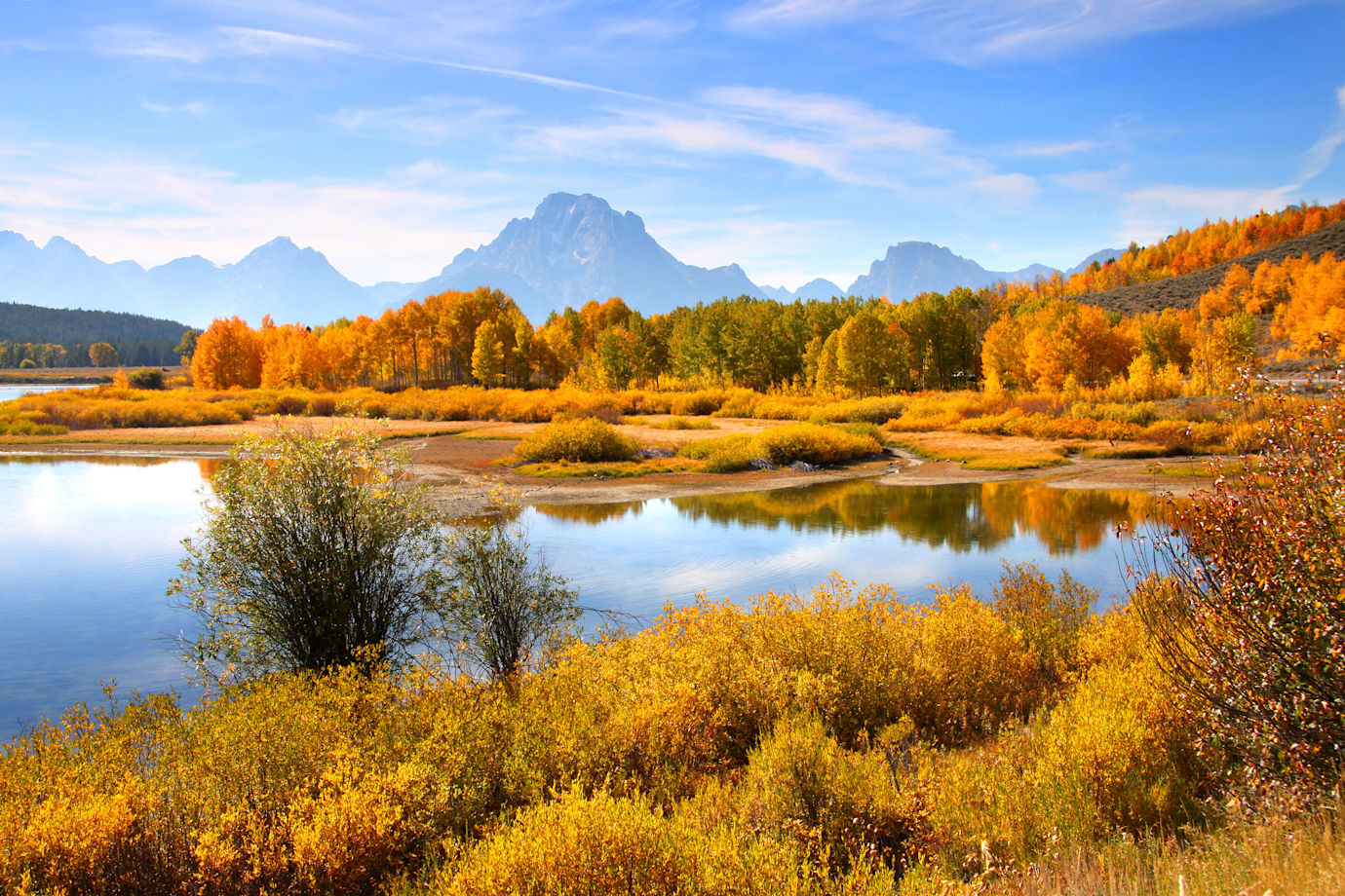 Scenic autumn landscape in Grand Tetons from Oxbow Bend