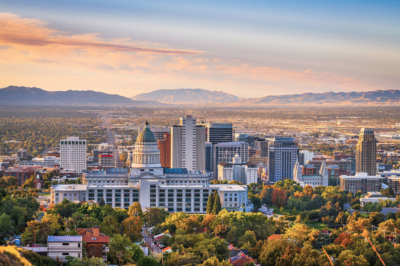 Downtown Salt Lake City, Utah, skyline at dusk.