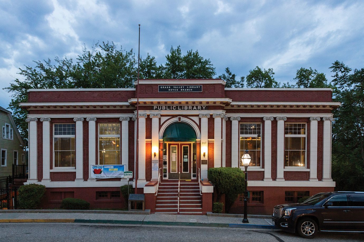 Outside the Grass Valley Library–Royce Branch in downtown Grass Valley, California, at dusk.