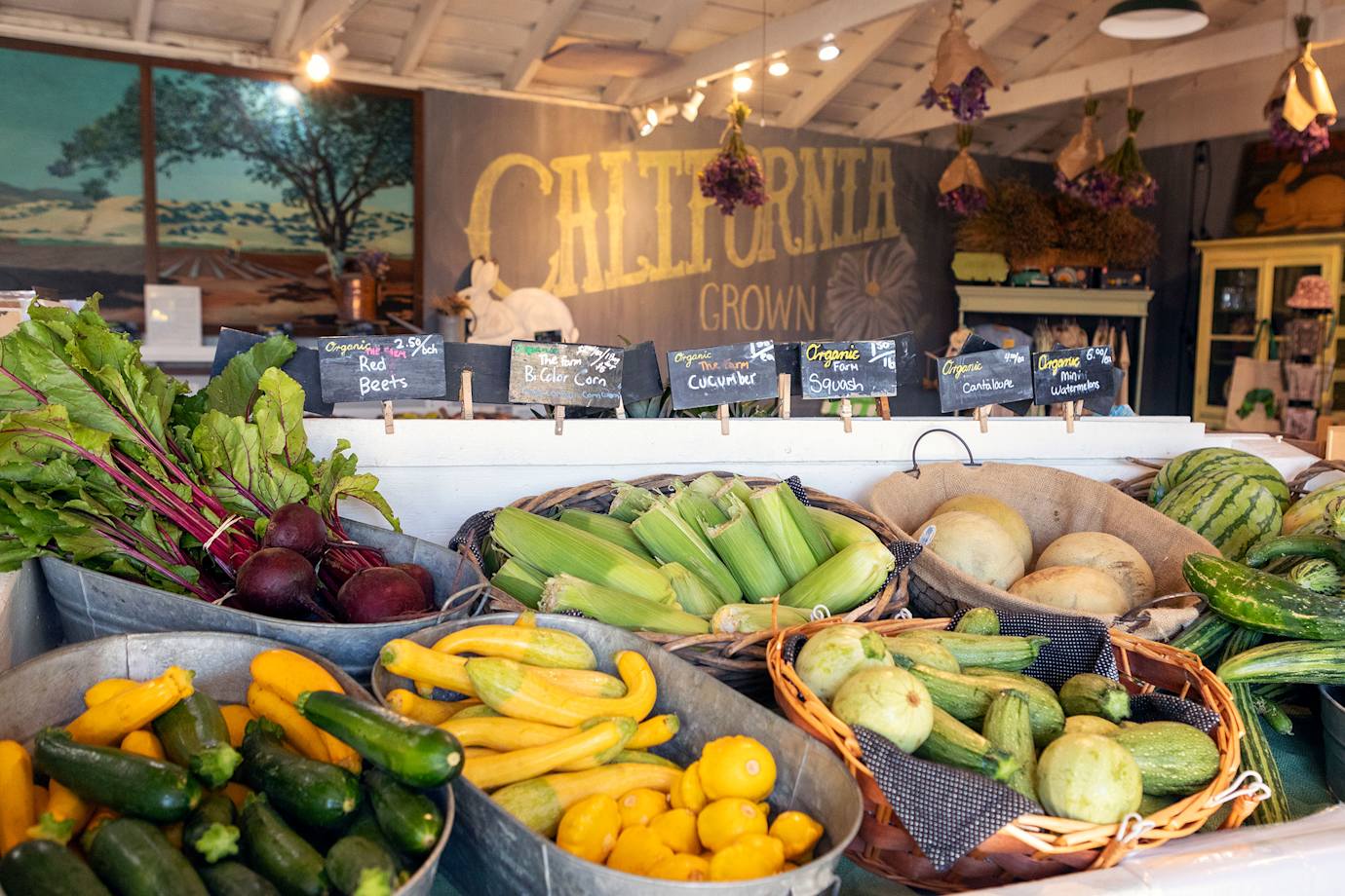 Produce inside baskets at the market stand at The Farm in Salinas, California.