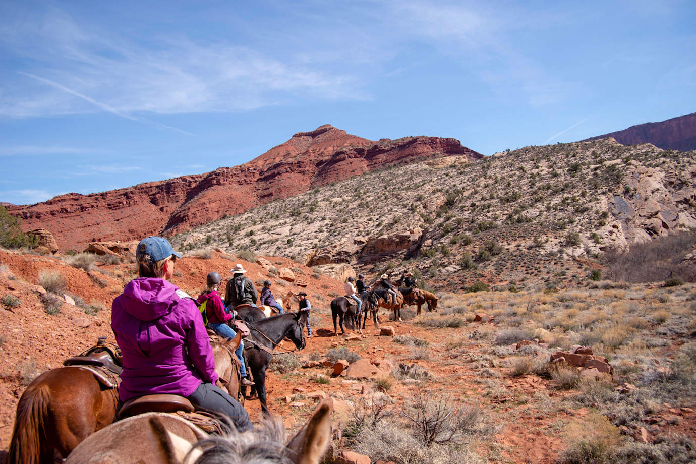 Tourists enjoy a trail ride with staff from Red Cliffs Lodge near Moab, Utah.