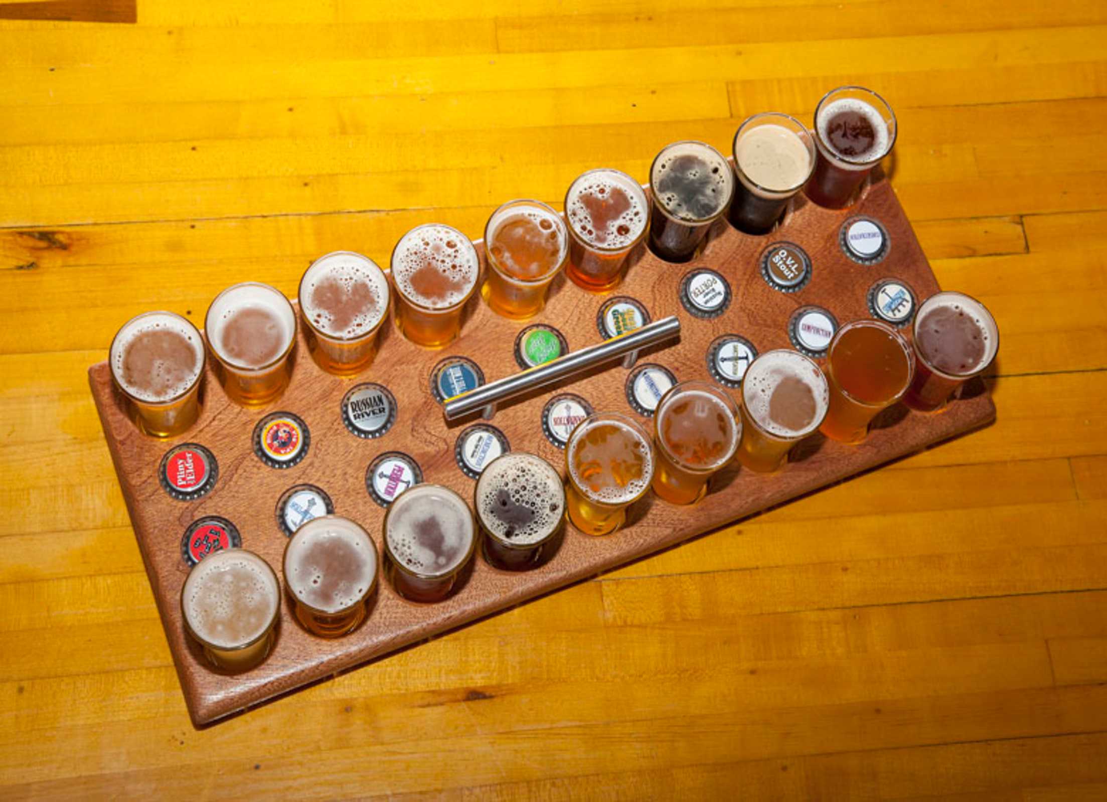 overhead view of beer samples at Russian River Brewing Company in Santa Rosa, Calif., picture