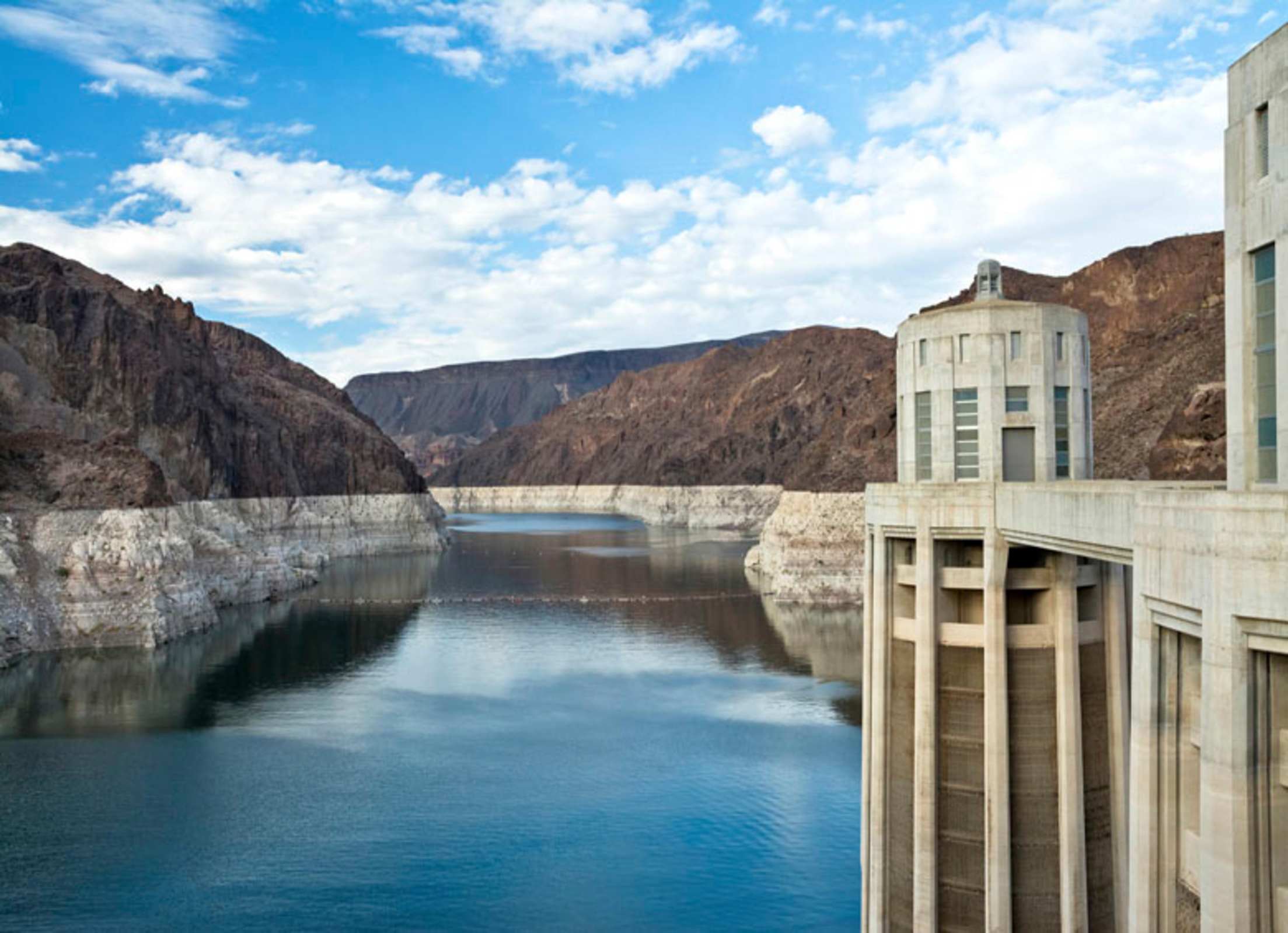 view of Hoover Dam across upper Lake Mead with low water level near Boulder City, Nev., picture