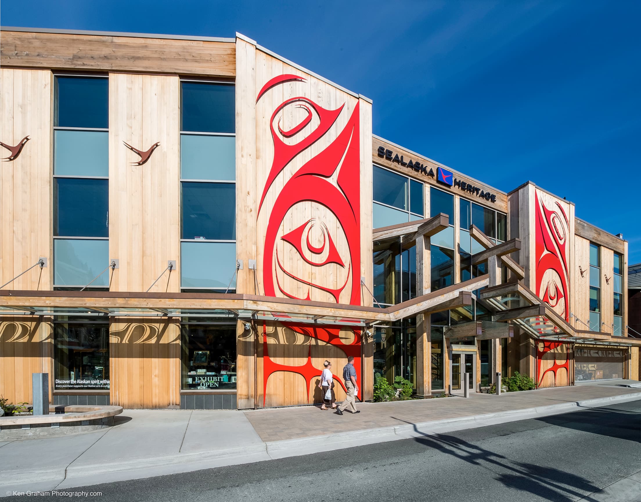 the exterior of the Walter Soboleff Building, headquarters for the Sealaska Heritage Institute, on a sunny day in Juneau, Alaska