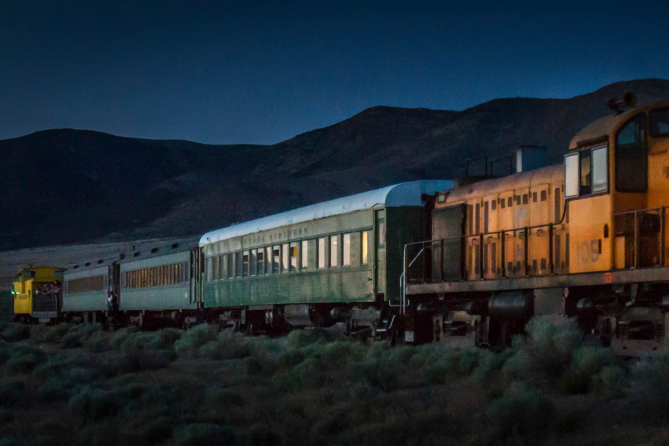 Star Train moves along the tracks at night, picture