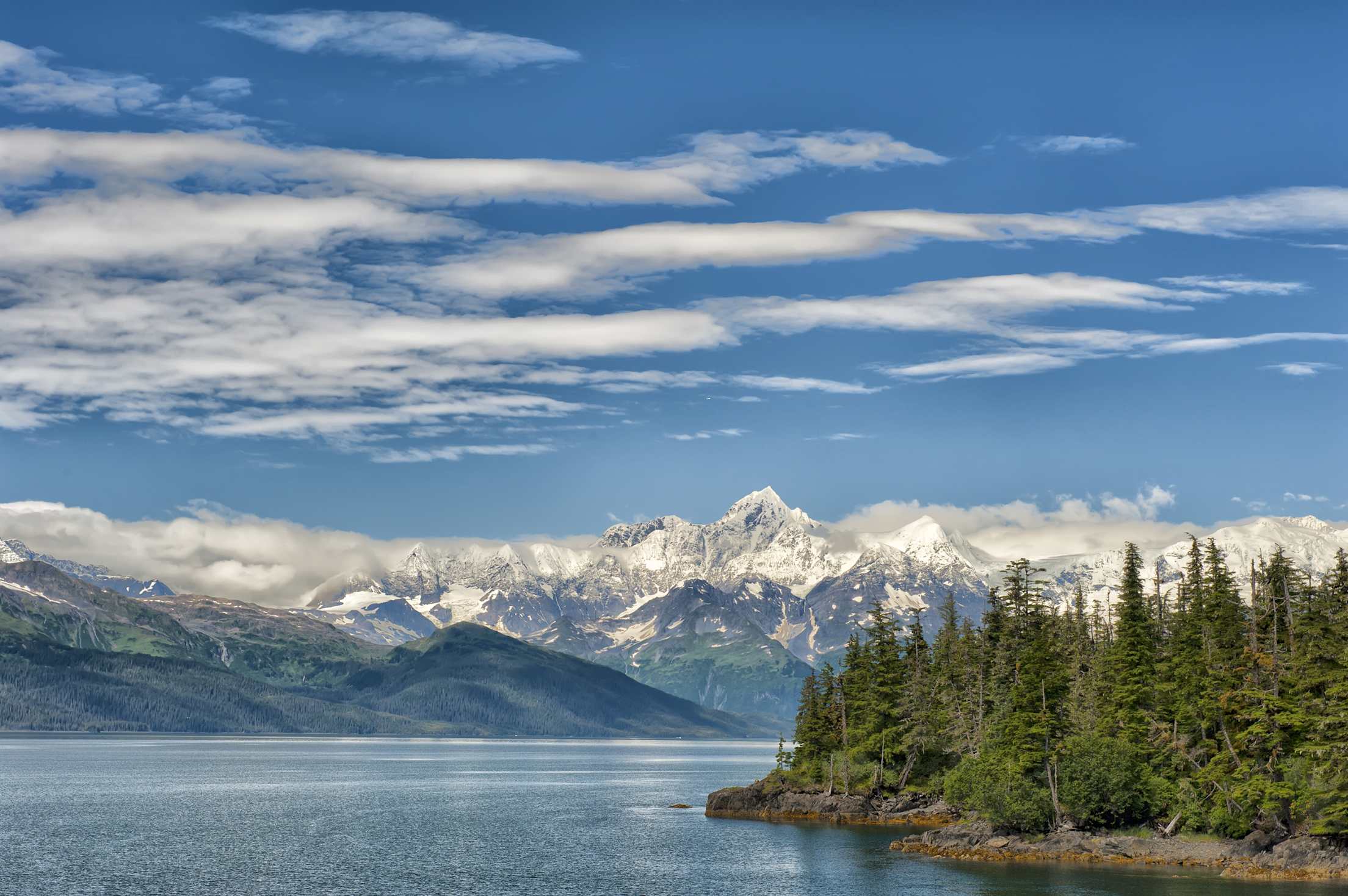 a view of glaciers, water, and forest Prince William sound, picture