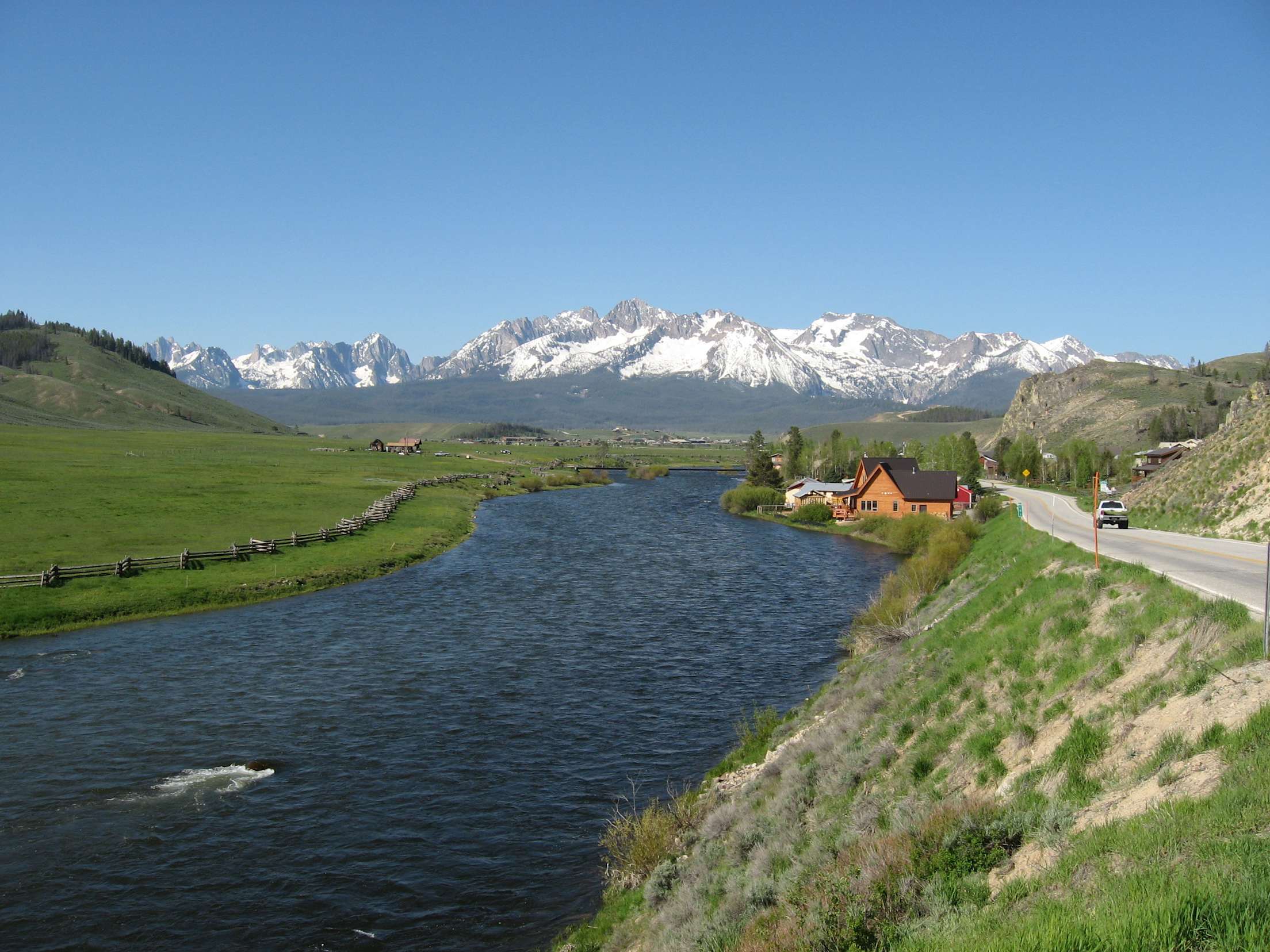 Salmon River shoreline looking toward Sawtooth Mountains near Stanley, Idaho, picture