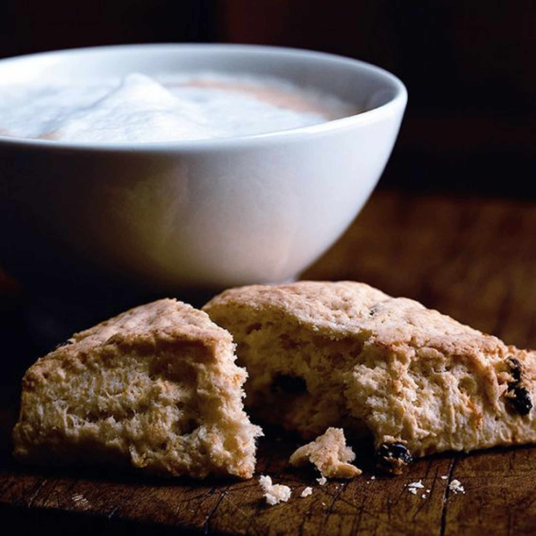 Zuni Café's orange-currant scone with café au last bowl, image
