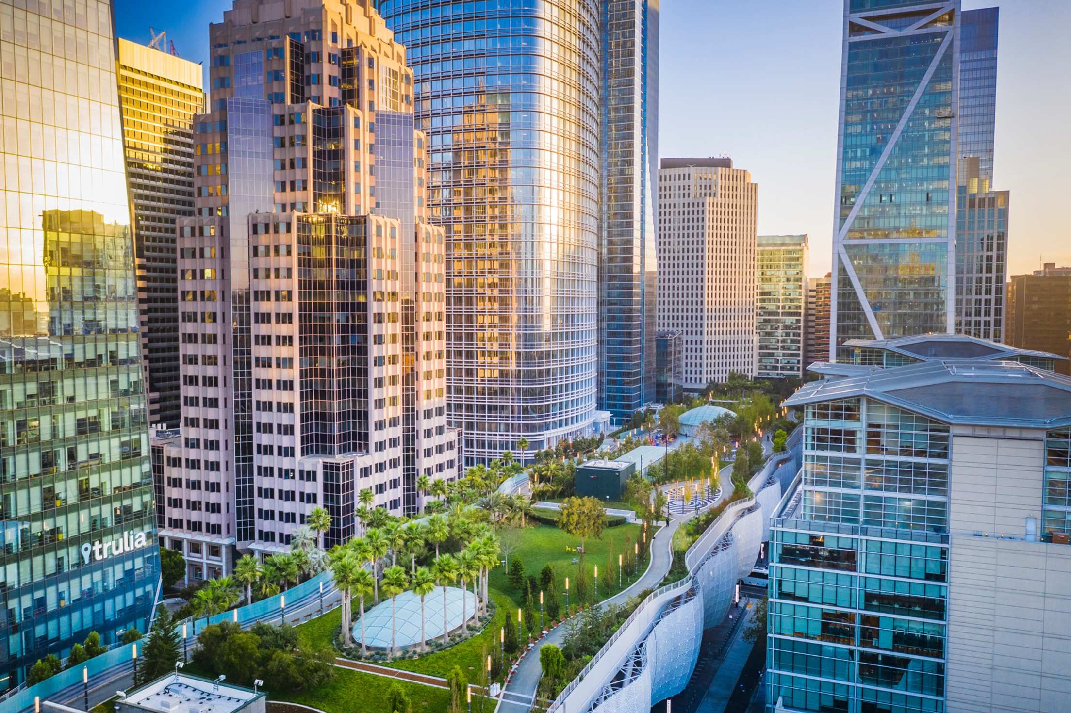 elevated view through high-rises across Salesforce Park and in San Francisco, California, picture