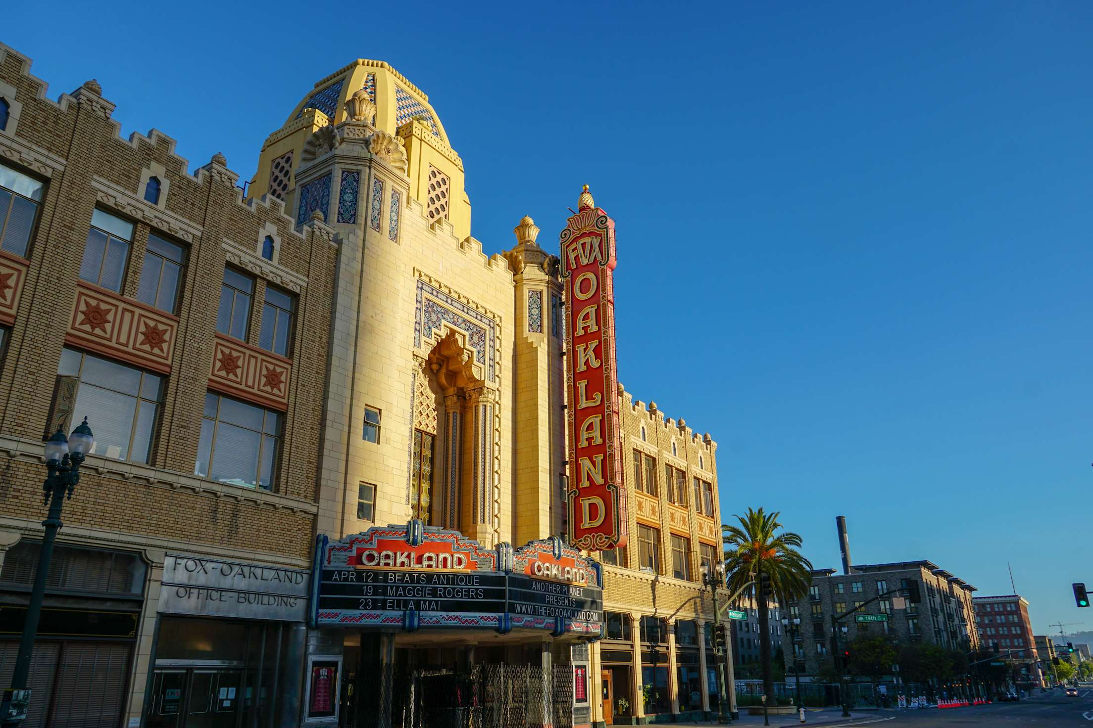 Historic sign and facade of the Fox Theater in downtown Oakland.