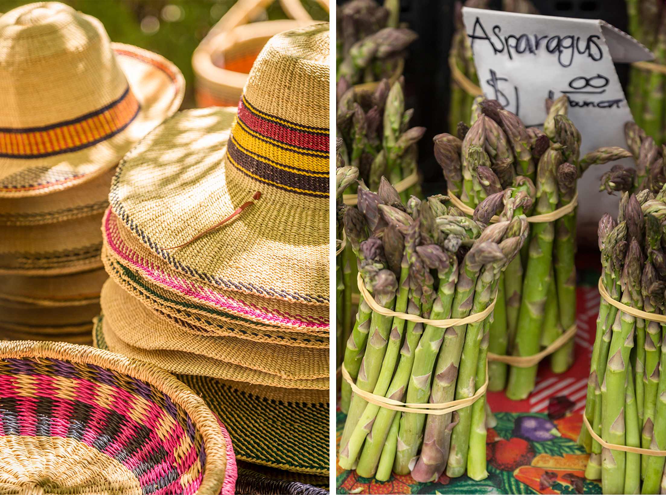 asparagus bunches and woven hats at the farmers market in Calistoga, California, picture