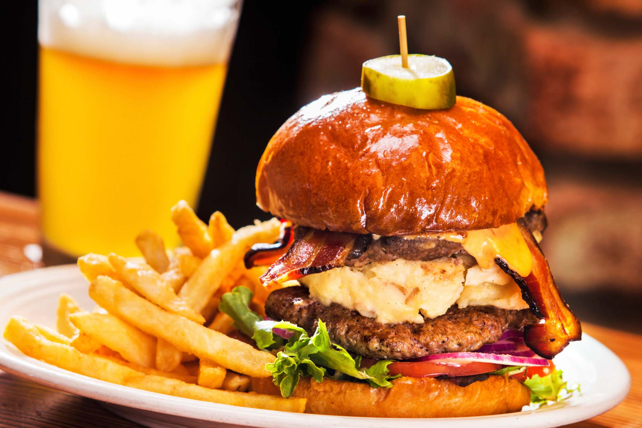 mashed potato burger with fries and beer at Bumbleberry Flats in Laughlin, Nevada, picture
