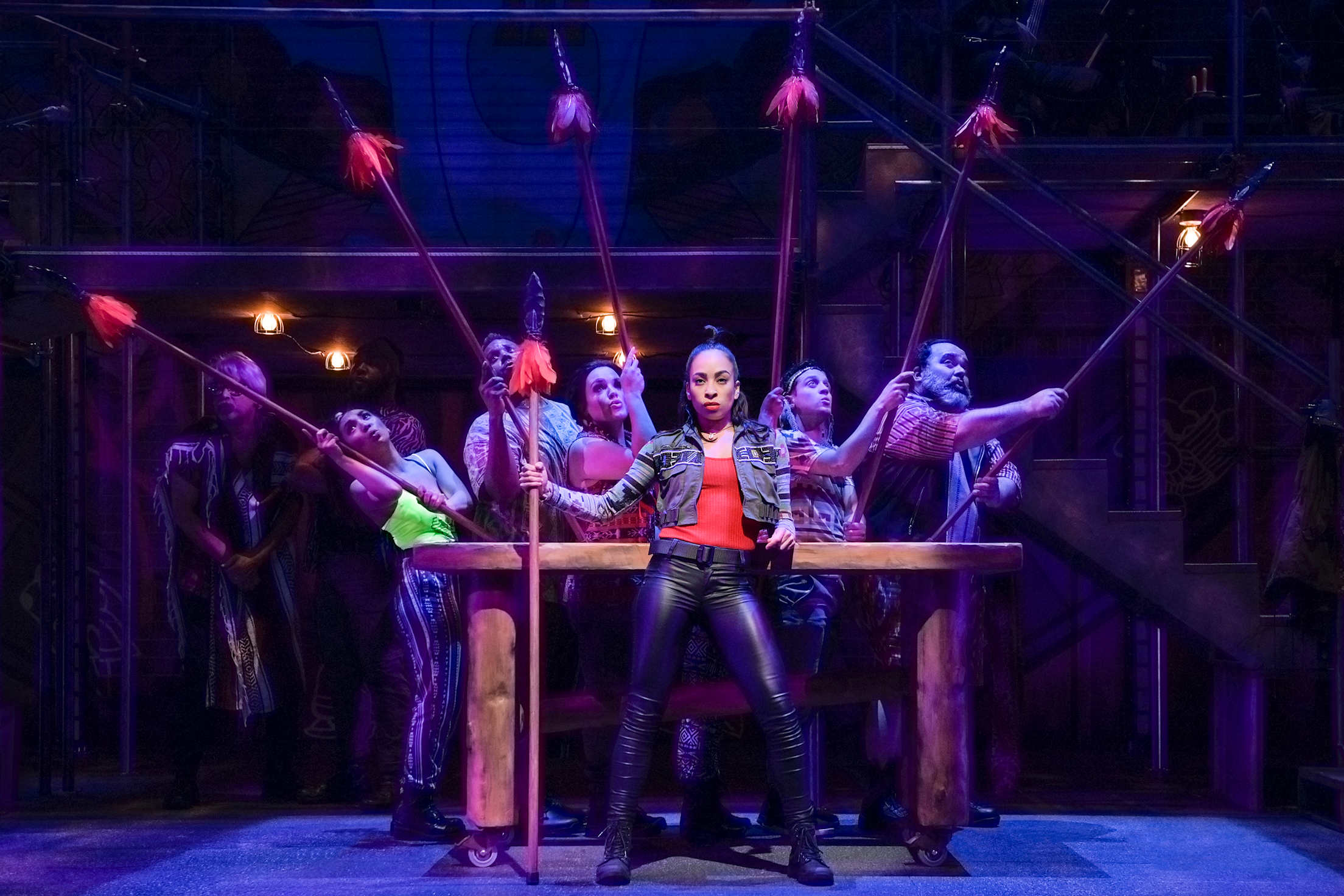 Yani Marin, Al Rodrigo, KC de la Cruz, Jesús E. Martínez, Desiree Rodriguez, Zachary Infante, and Richard Henry Ruiz on stage at the world premiere of Kiss My Aztec! at the Berkeley Repertory Theatre.