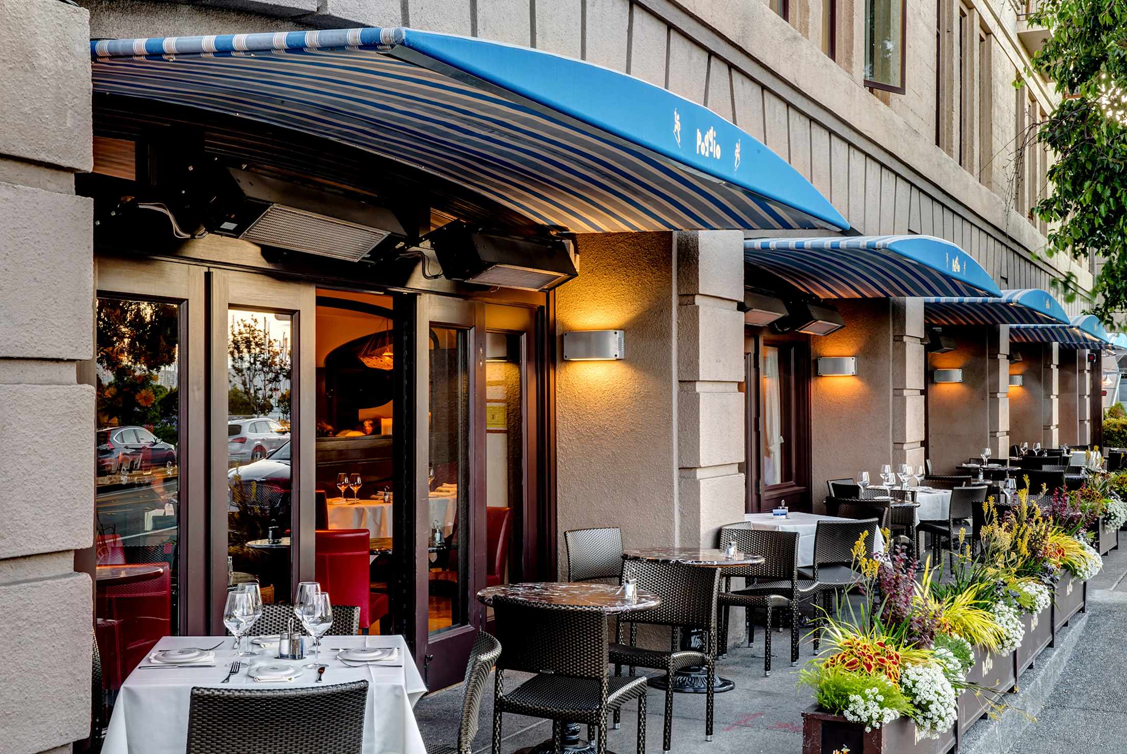 Striped awnings and flower boxes at Poggio's patio in Sausalito, California, picture