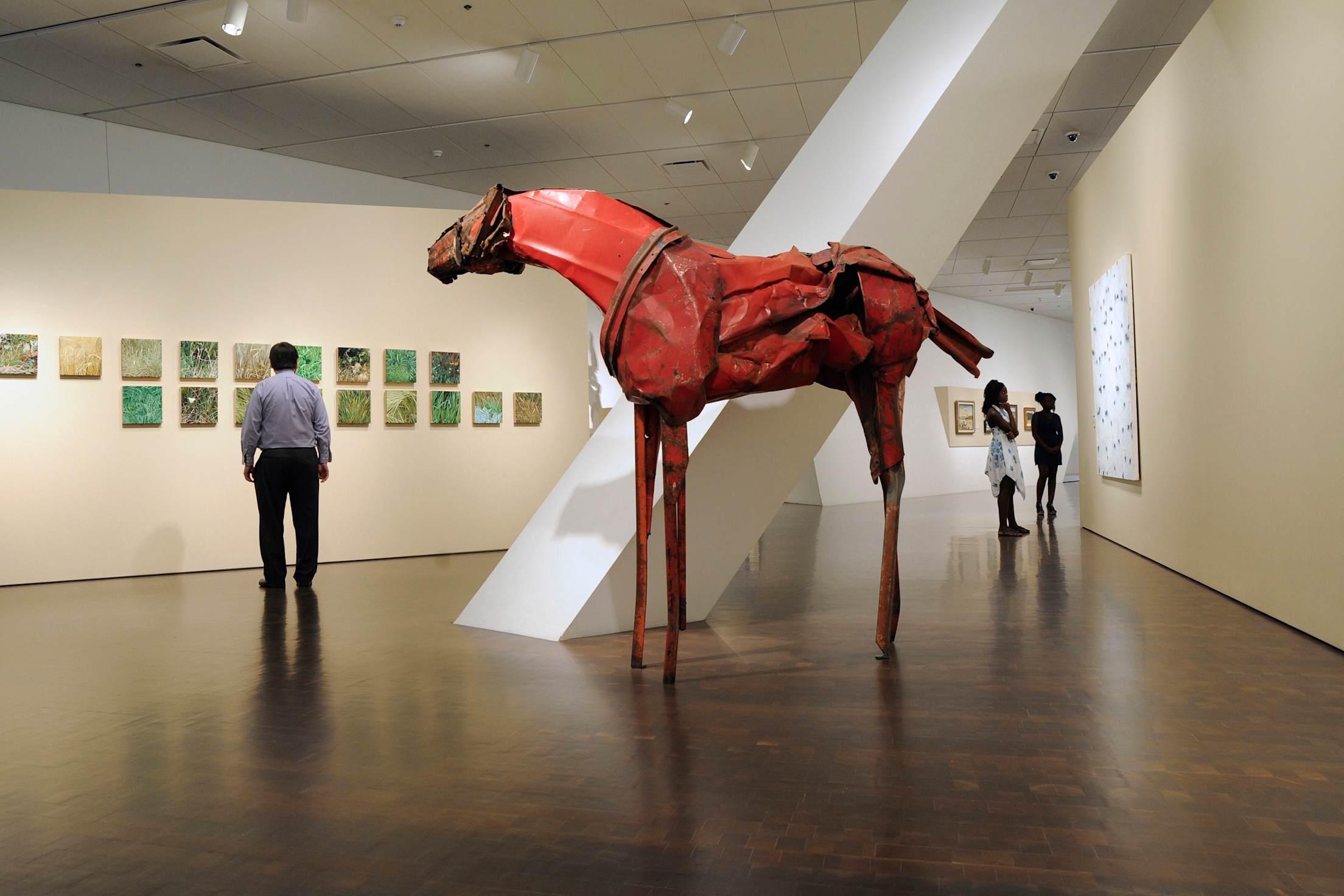 museum visitors and horse sculpture by artist Deborah Butterfield at the Denver Art Museum, picture