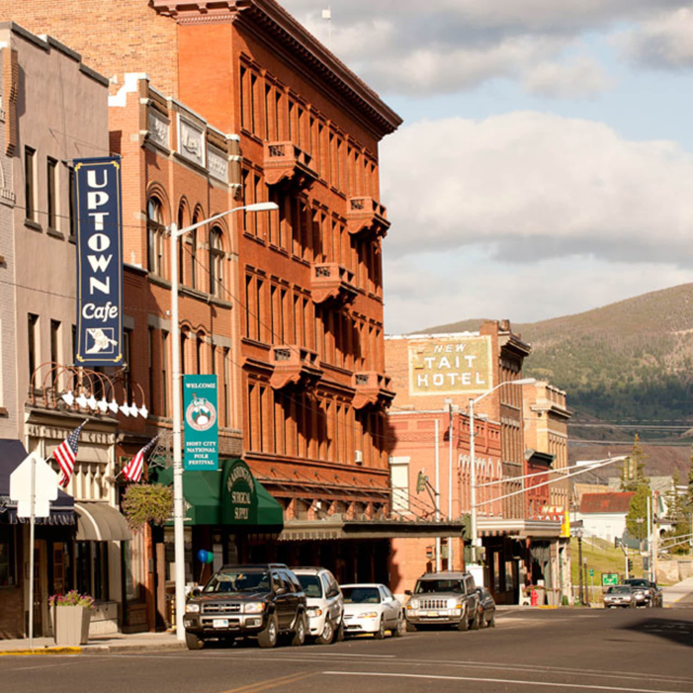 Uptown Cafe exterior view from street amid downtown Butte's Old West-style architecture in Butte, Montana, picture